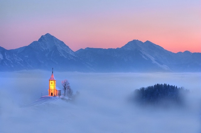 Mountain church floating in clouds 777